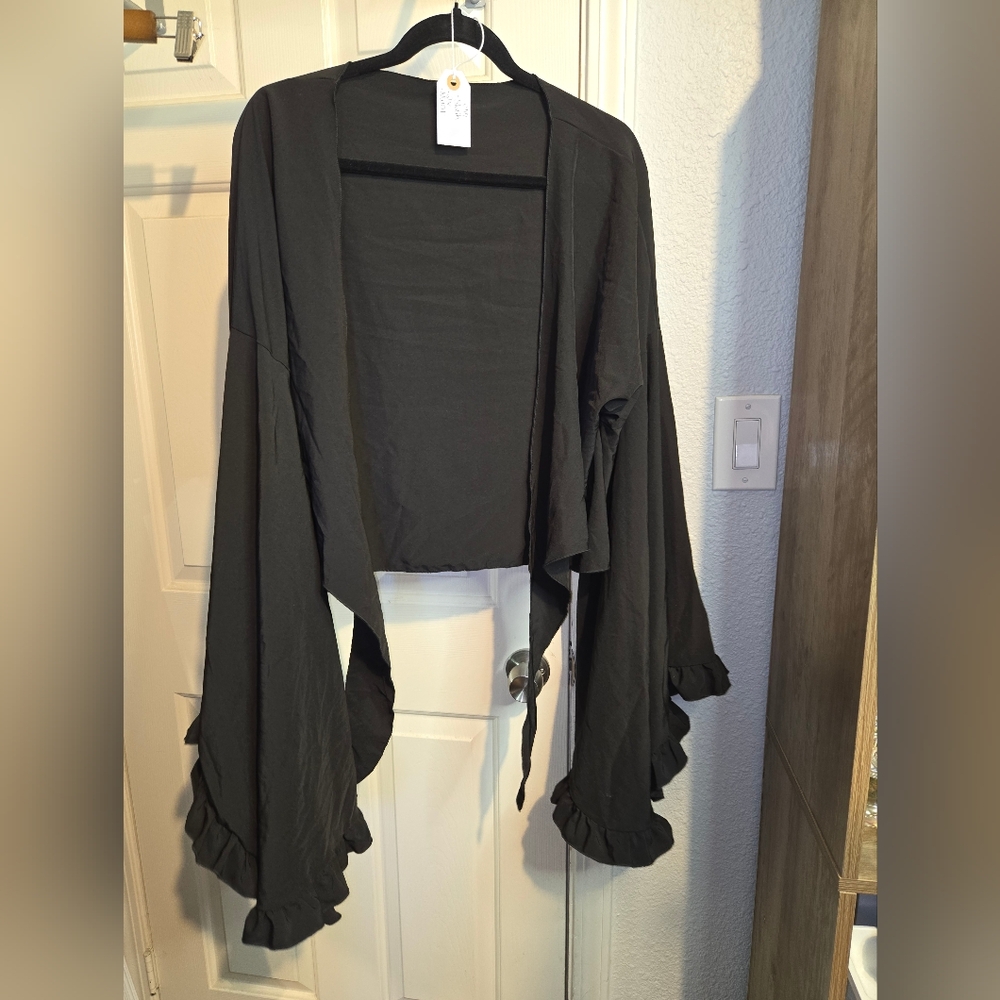Women's Black Ruffle Sleeve Wrap Top